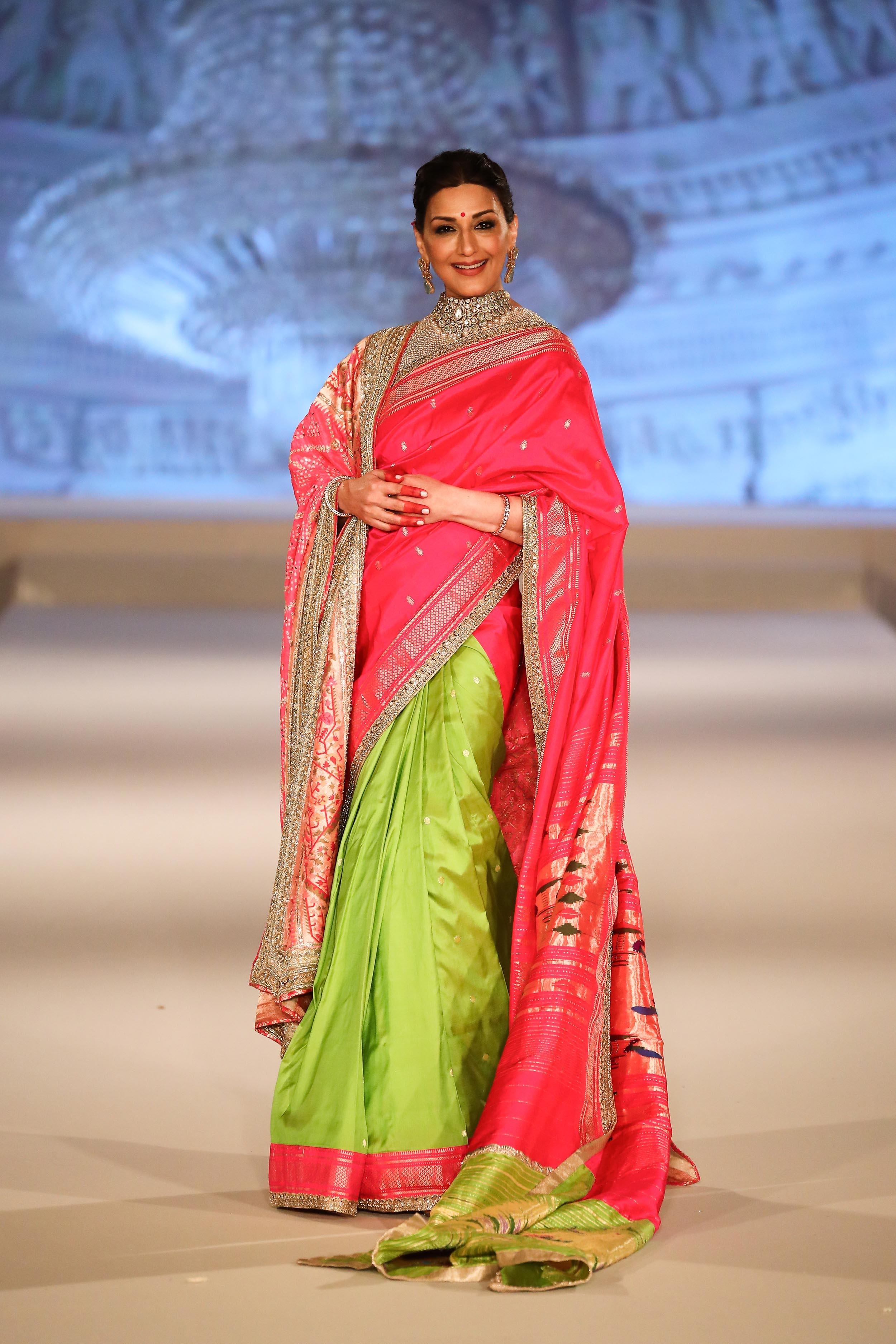 Buy Designer Sonali Bendre in our Pink Green Pathani Saree Set online for Women from Manish Malhotra. MM SR 62711 PTT C ENQ