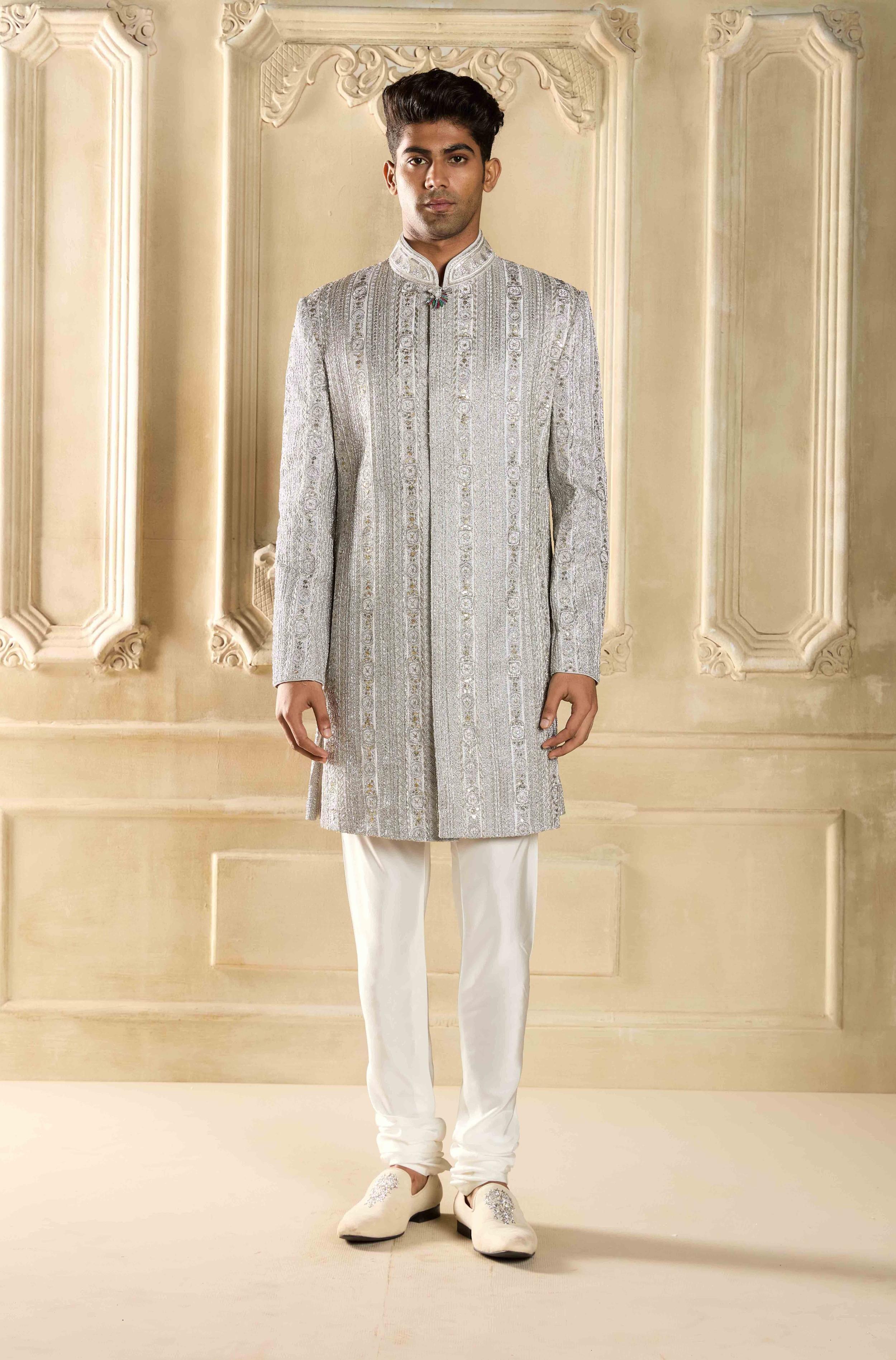 Buy Designer Silver Embroidered Silk Sherwani Set online for Men from Manish Malhotra