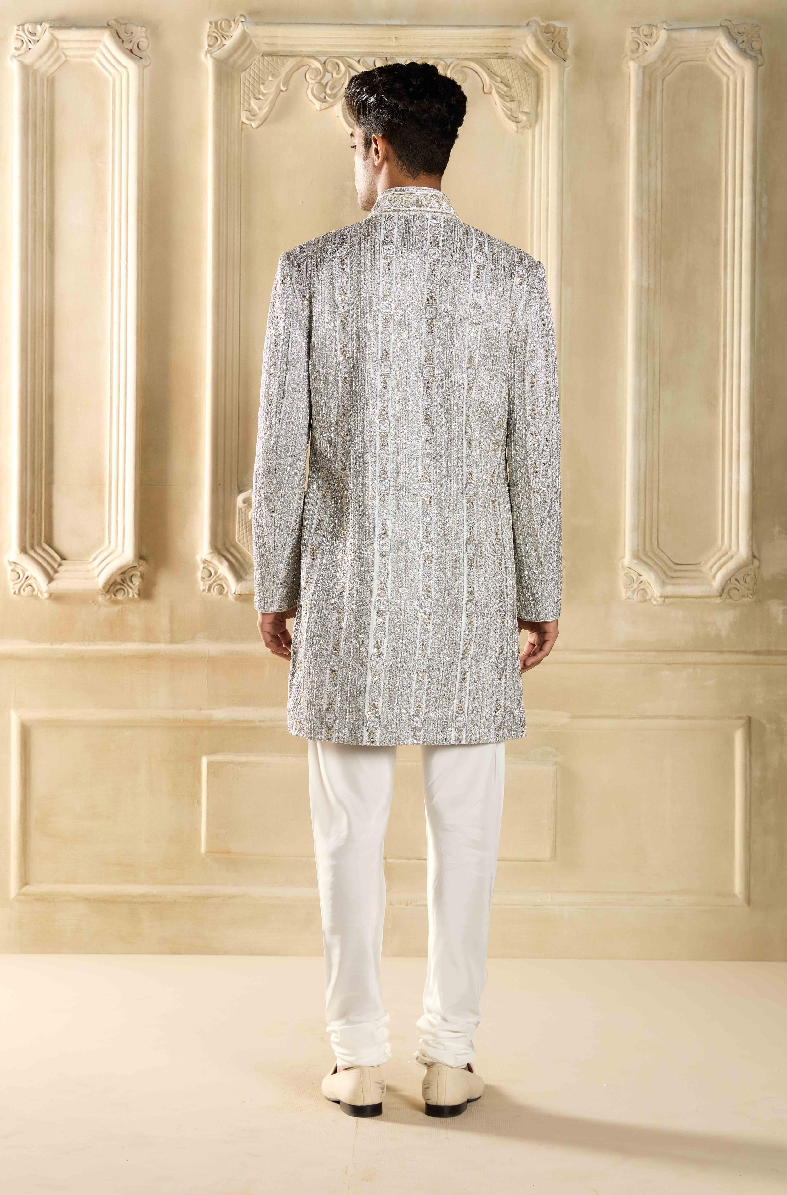 Buy Designer Silver Embroidered Silk Sherwani Set online for Men from Manish Malhotra