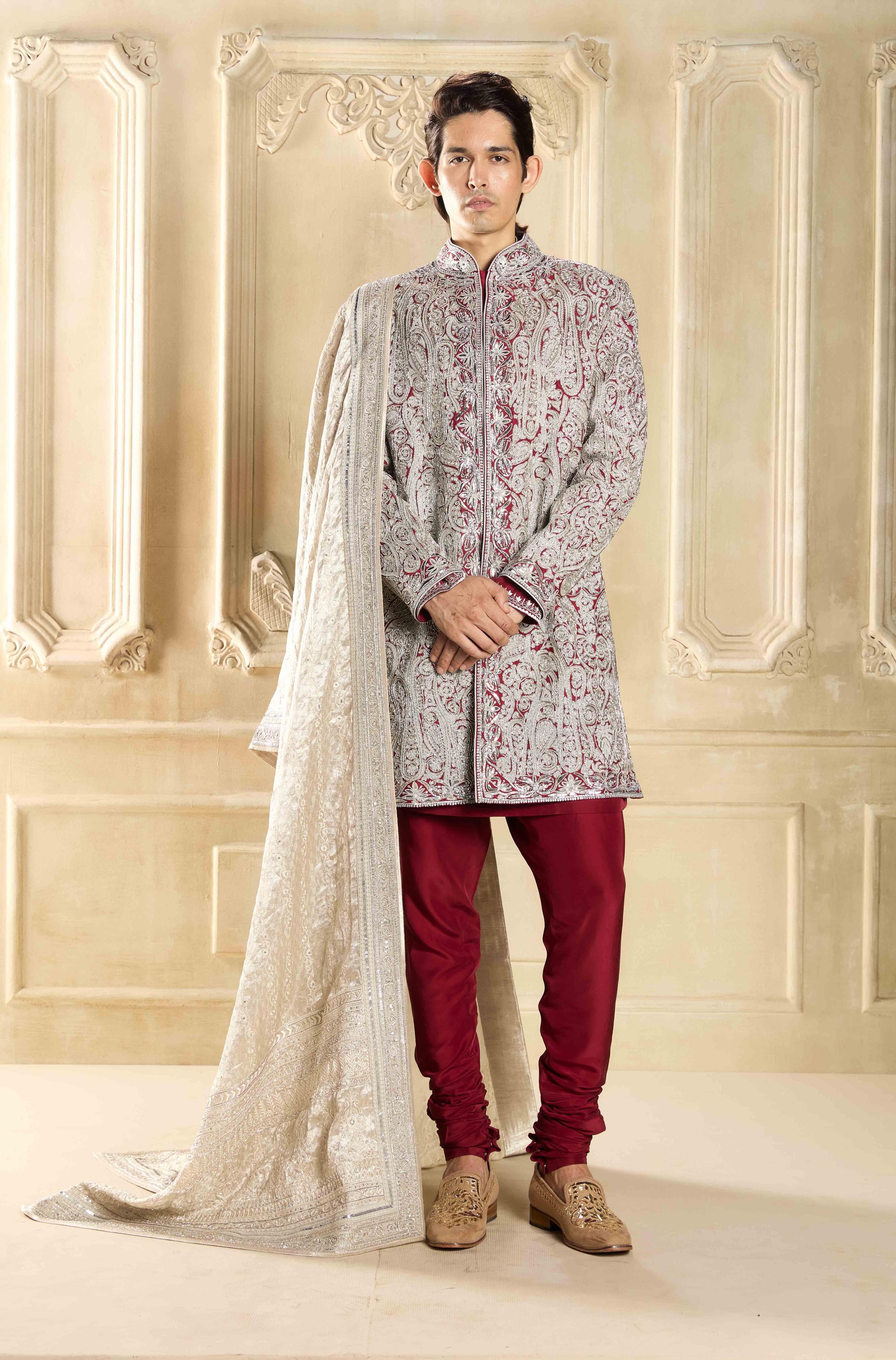 Buy Designer Maroon Embroidered Silk Sherwani Set online for Men from Manish Malhotra
