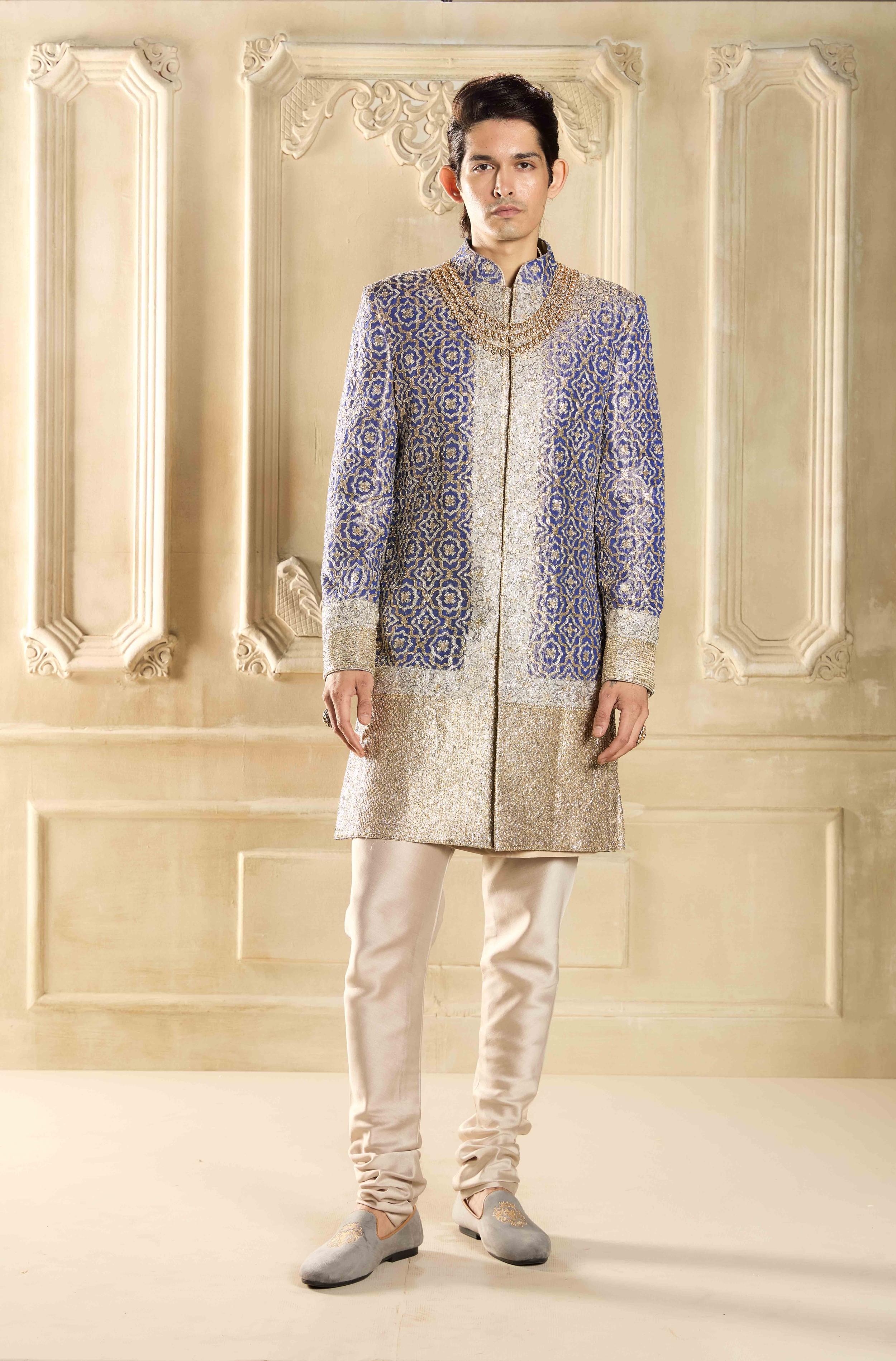Buy Designer Purple Tissue Embroidered Sherwani Set online for Men from Manish Malhotra