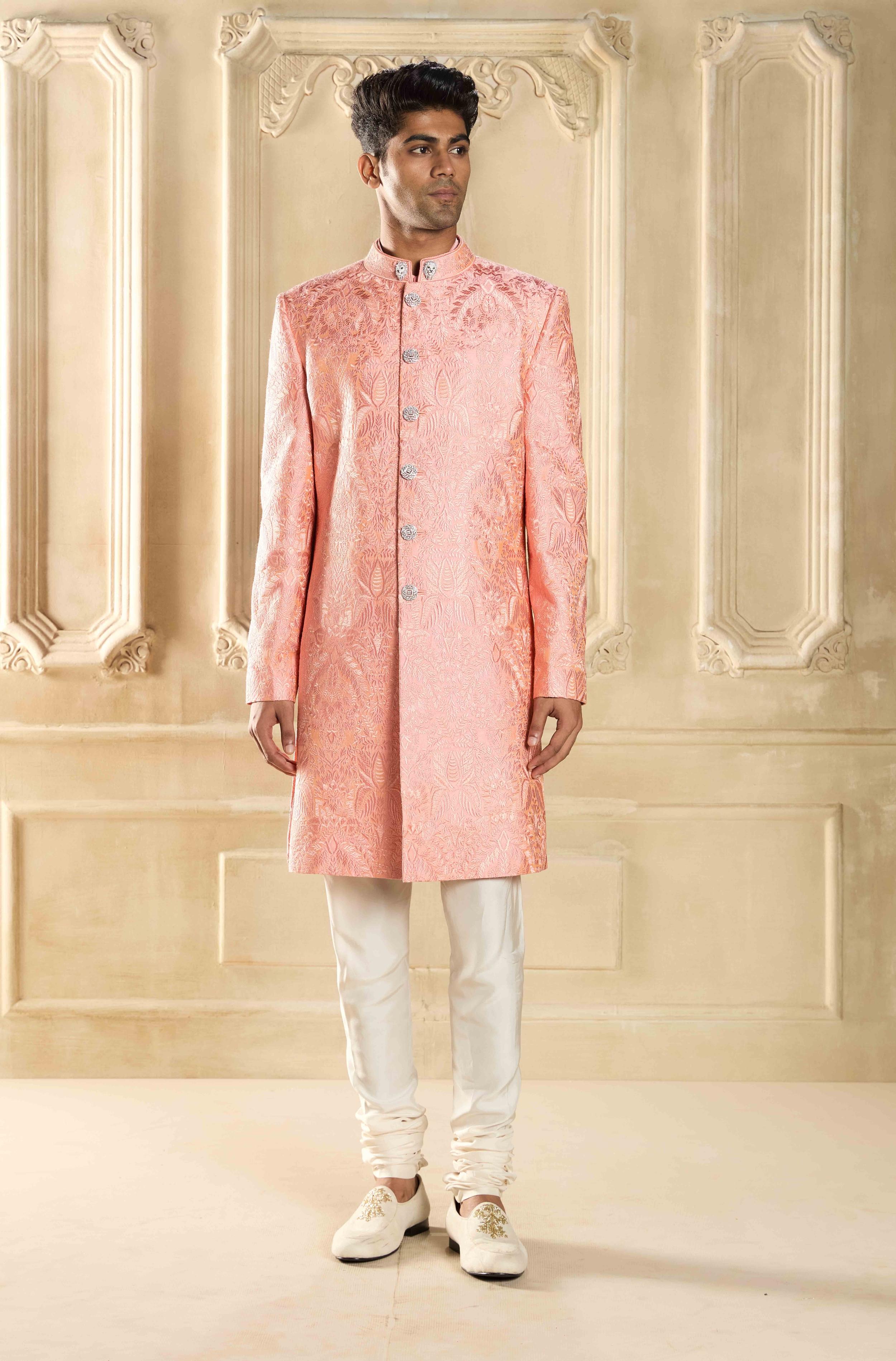 Buy Designer Peach Pink Embroidered Sherwani Set online for Men from Manish Malhotra