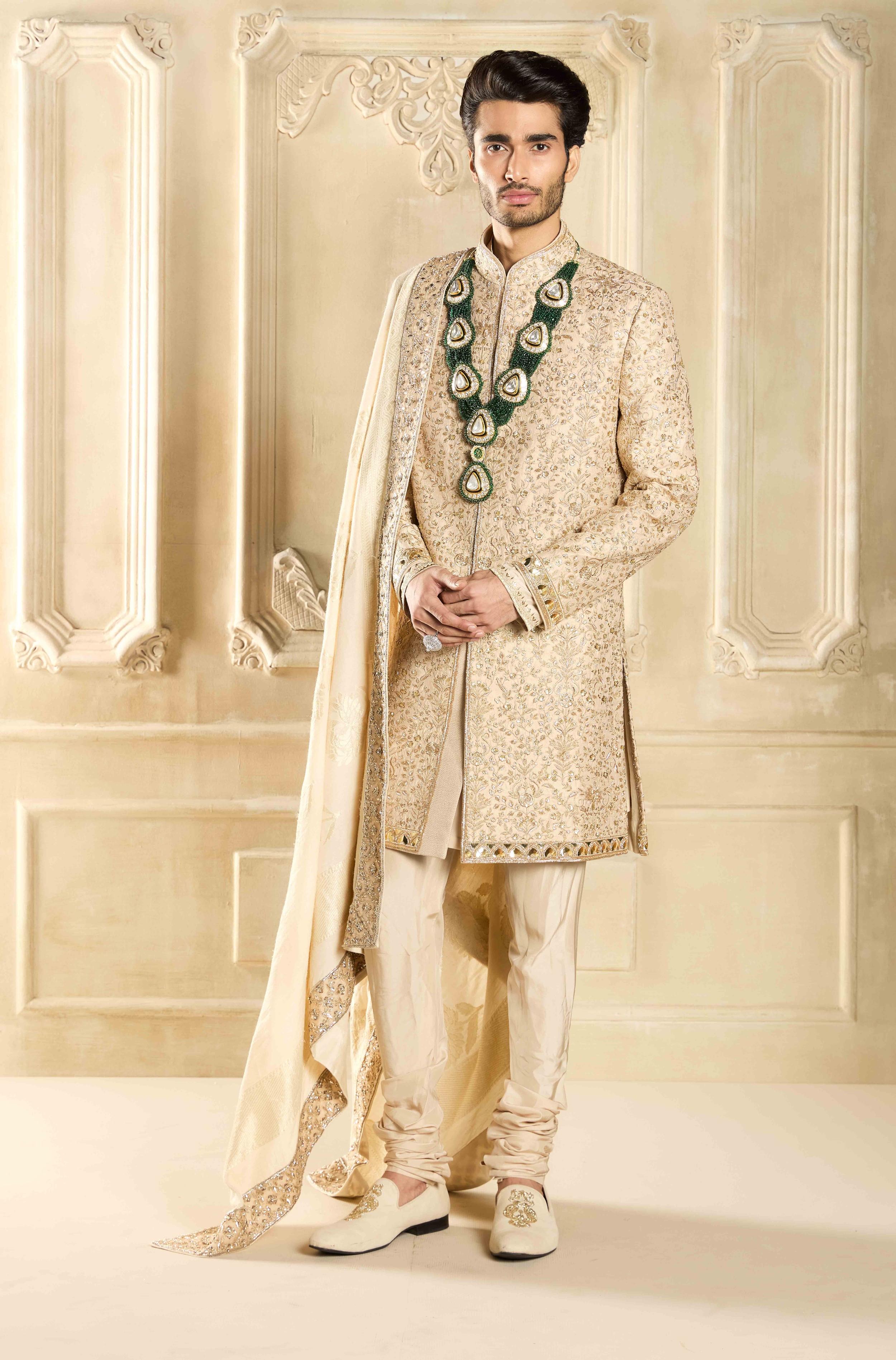 Buy Designer Gold Silk Handcrafted Sherwani Set online for Men from Manish Malhotra