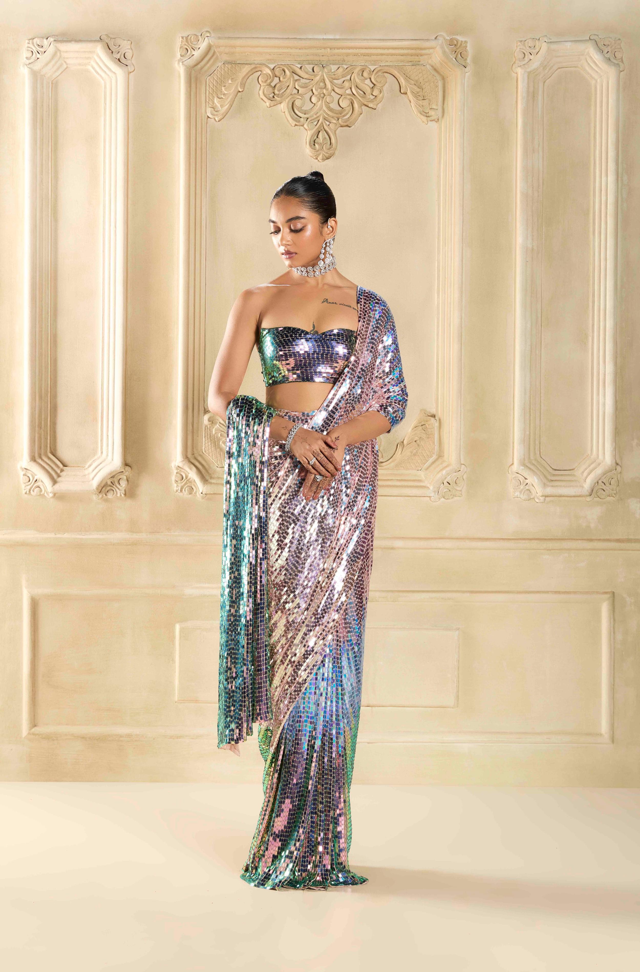 Buy Designer Iridescent sequin Georgette Saree Set online for Women from Manish Malhotra. MM P MMS SR 56970 BL C