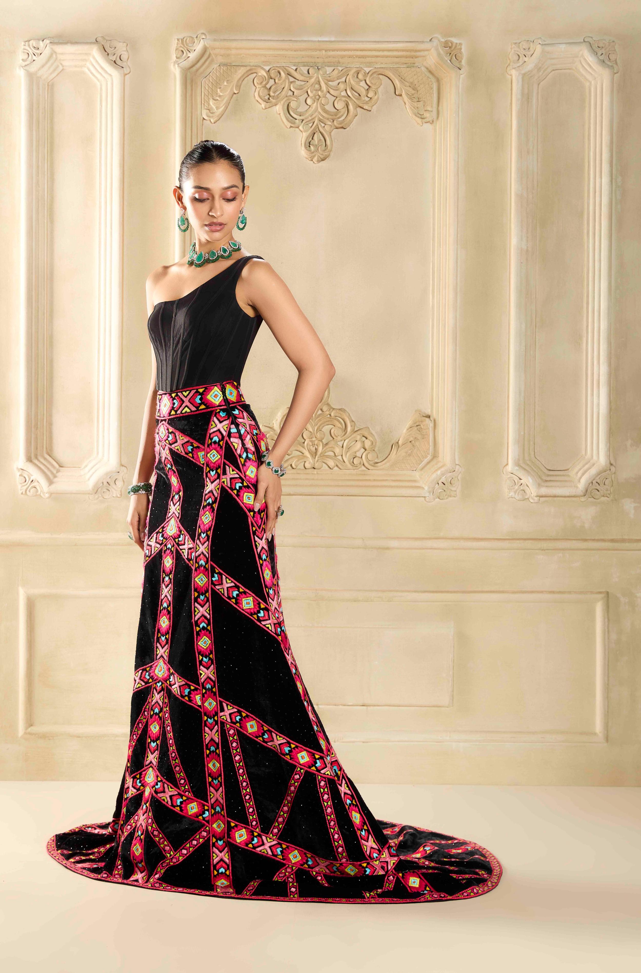 Buy Designer Black Velvet Phulkari Embroidered Skirt Set online for Women from Manish Malhotra. MM PR LH 29619 C