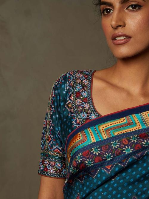 Teal & Navy Chowki Embroidered Saree With Unstitched Blouse