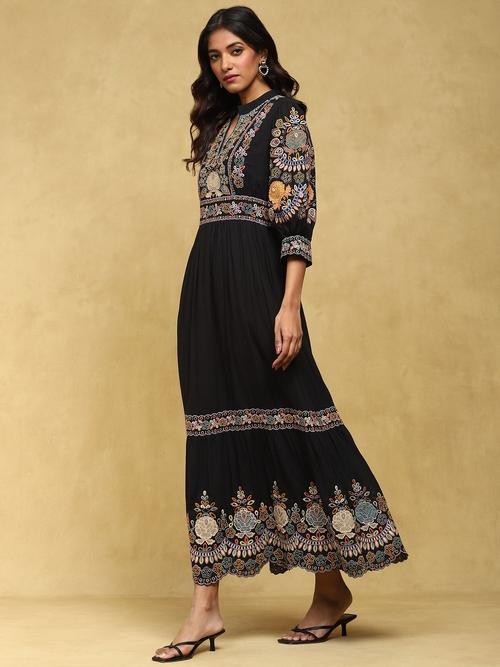 Black Embroidered Cotton Long Dress
