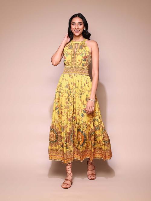 Yellow Floral Jacquard Dress