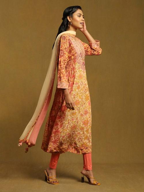 Plus Size Peach Printed Cotton Suit Set With Trousers