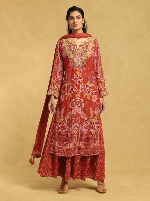 Crimson Red Suit Set with Ivory Embroidery & High-Low Hem