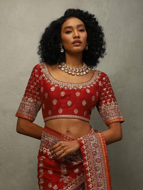 【COUNTER POINT】 JAMDANI SAREE BLOUSE Red Jamdani Saree With Unstitched Blouse
