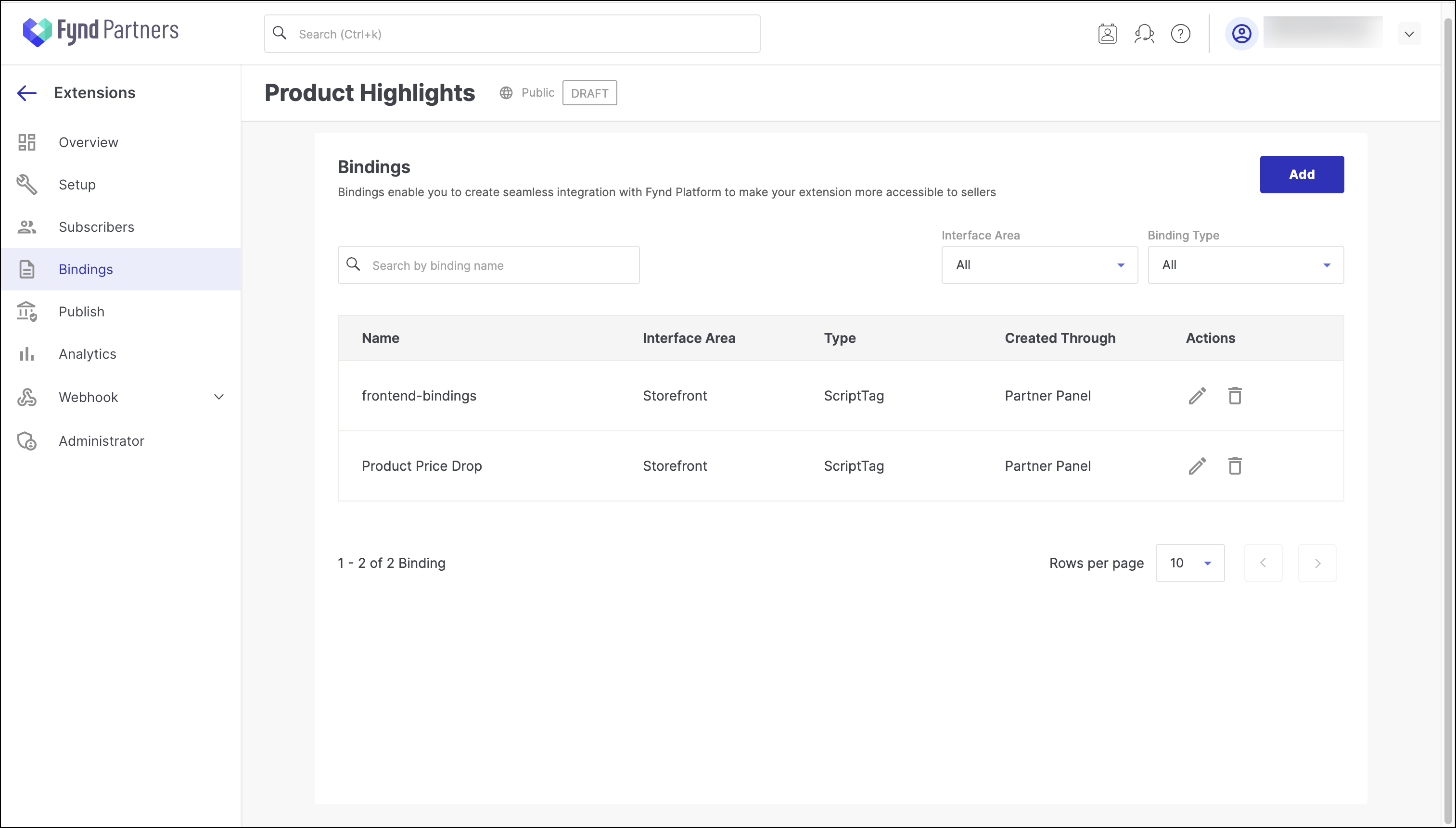 Bindings Page