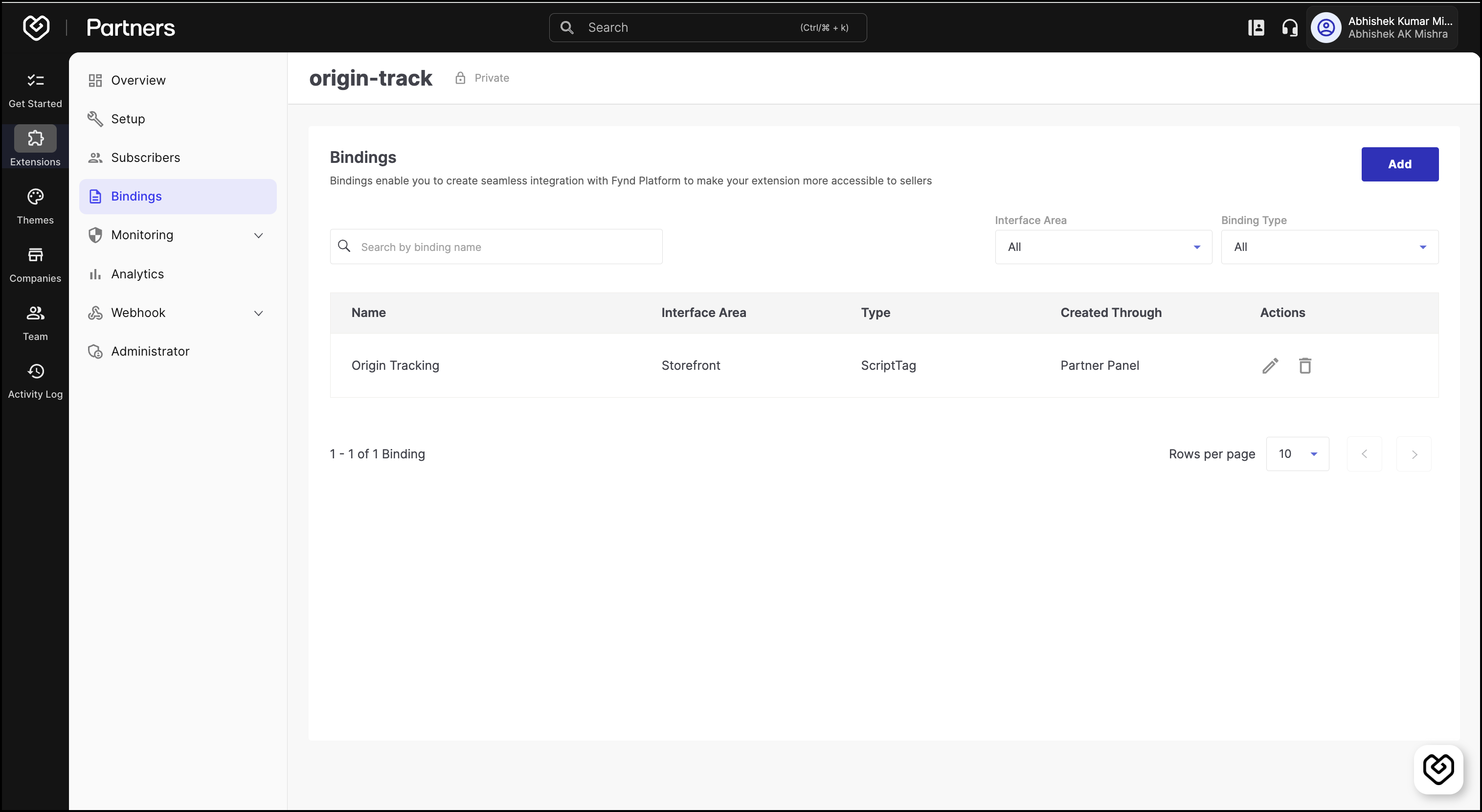 Bindings Page