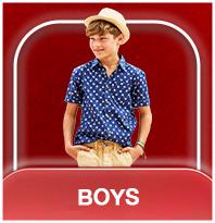 Boys' category featuring a boy in a blue polka dot shirt, khaki shorts, and a fedora hat.