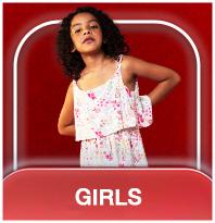 Girls category featuring a young girl with curly hair in a white floral print