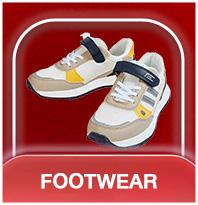 Footwear category tile showing white beige and yellow athletic shoes with dark blue velcro straps.