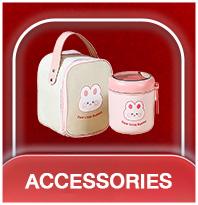Accessories category banner displaying a beige rabbit lunch bag and a pink rabbit food jar.