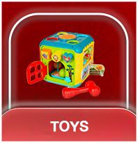 Toys category features a colorful activity cube with shapes buttons and a red hammer.
