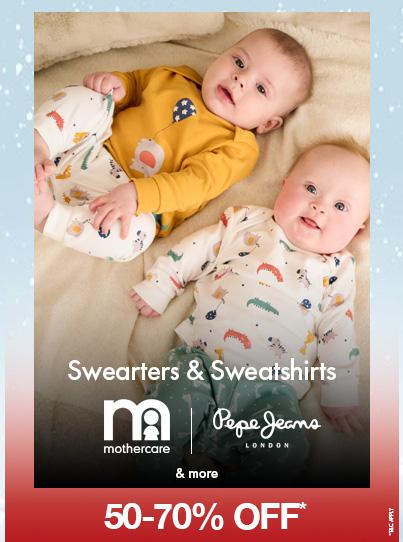 Fifty to seventy percent off baby Sweaters and Sweatshirts. Shop Mothercare and Pepe Jeans.athttest