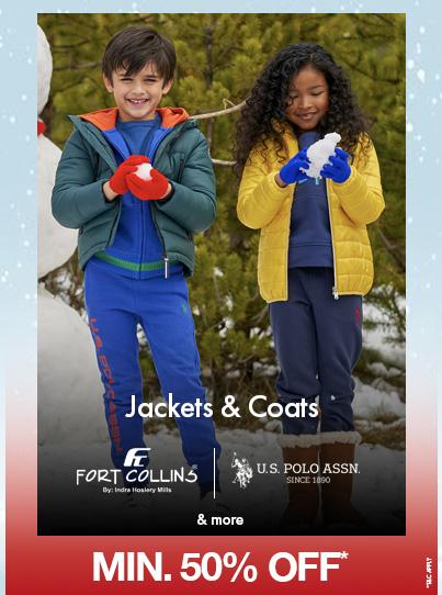 Minimum 50 percent off Jackets and Coats. Kids in green and yellow winter jackets. Featuring Fort Collins and US Polo Assn.