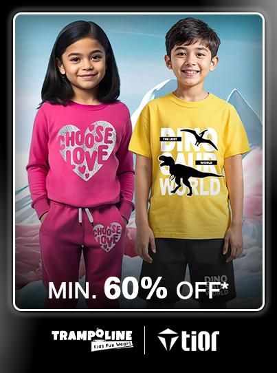 Minimum sixty percent off kids' wear. Girl in pink 'Choose Love' set and boy in yellow dinosaur shirt and black shorts.