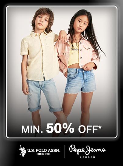 Minimum fifty percent off kids' fashion from US Polo Assn. and Pepe Jeans.