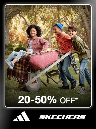 20 through 50 percent off kids' clothing and shoes from Adidas and Skechers. Children playing in a wheelbarrow.