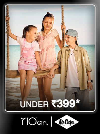 Kids' summer fashion sale featuring Rio Girl and Lee Cooper styles. All items priced under 399 rupees.