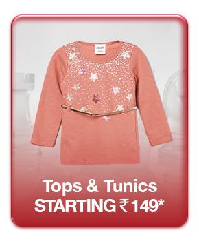 Shop Tops and Tunics starting at Rupees 149. Girls' long sleeve peach top with sequined stars and a gold belt is featured.