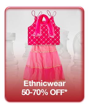 Ethnicwear sale offering fifty to seventy percent off. Features a pink girl's ethnic crop top and tiered skirt set.