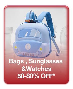 Fifty to eighty percent off bags, sunglasses, and watches. Features a light blue police car shaped children's backpack.
