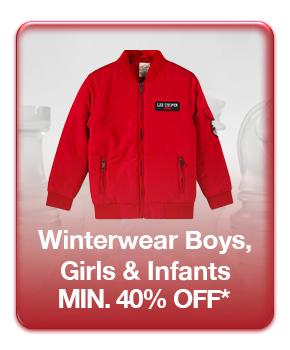 Red jacket. Minimum forty percent off winterwear for boys, girls, and infants.
