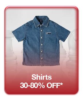 Shirts sale. Save thirty to eighty percent off. Blue short-sleeve denim shirt for kids featured.