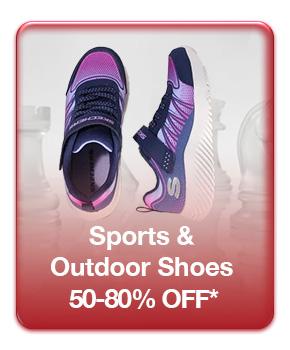 Fifty to eighty percent off Sports and Outdoor Shoes. Featured are purple and navy Skechers athletic shoes.
