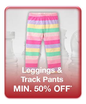 Minimum fifty percent off leggings and track pants. Striped pink, yellow, and green children's leggings shown.