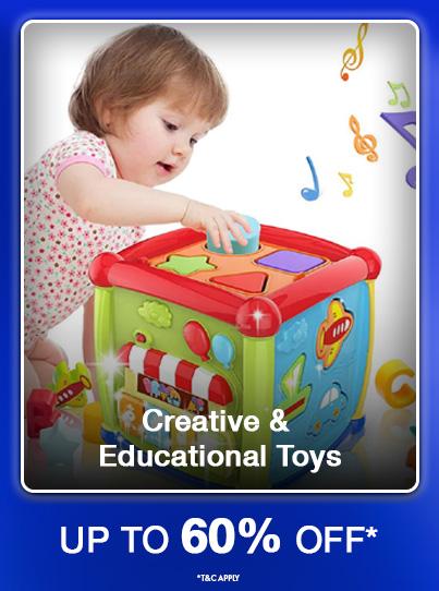 Up to sixty percent off Creative and Educational Toys. Child plays with a colorful shape sorter activity cube.