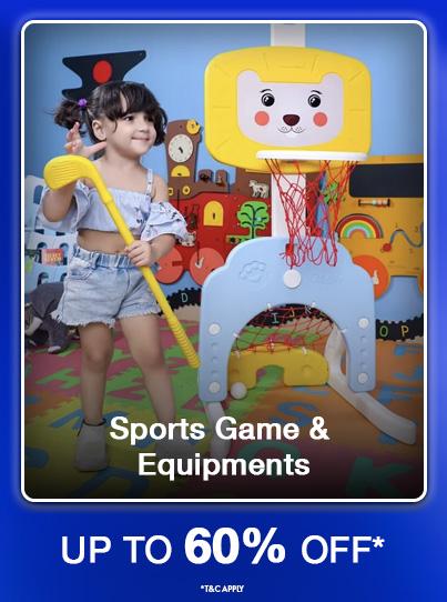 Up to sixty percent off Sports Games and Equipment. Banner shows a girl playing with a toy golf club and a kids basketball set.