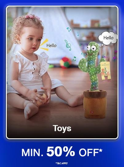 Minimum fifty percent off Toys. Sale banner featuring a child and a talking green cactus plush toy.
