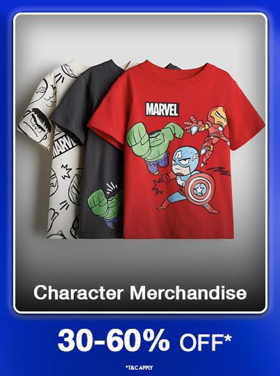 Thirty to sixty percent off Marvel character merchandise. Kids' t-shirts in red, gray, and white with Hulk and Captain America designs.