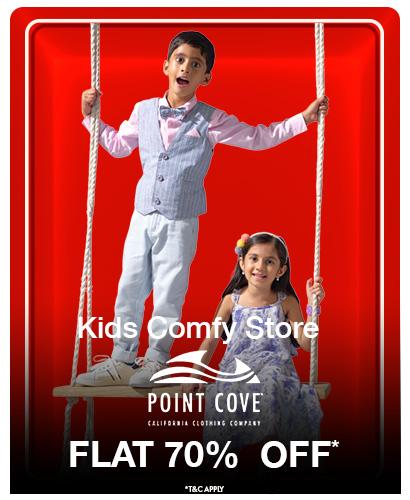 Girls' Wardrobe sale. Clothing items under 399 rupees. Girl wears red and white checkered top and pants.