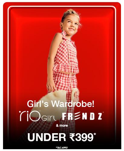 Frendz Must Have Kids' clothing sale. Styles starting from 199 rupees. Boy in tee and jeans, girl in printed leggings.