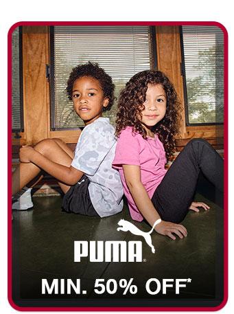 Minimum 50 percent off Puma kids' apparel. Banner shows a boy and girl wearing Puma athletic clothing.
