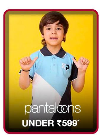 Pantaloons kids' apparel offer: Items under 599 rupees. Boy wearing a blue, navy, and white color-blocked polo shirt.