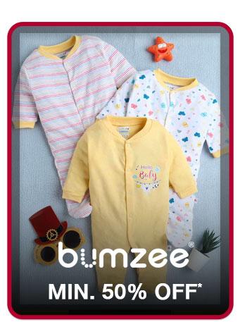 Minimum 50 percent off bumzee baby clothing. Three long-sleeve rompers: yellow, striped, and patterned. Shop the collection.