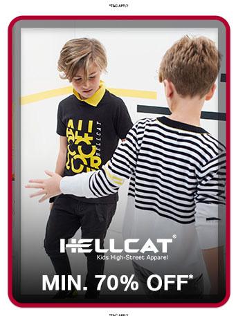 Minimum 70 percent off HELLCAT Kids High-Street Apparel. Features boys wearing black graphic and striped shirts.