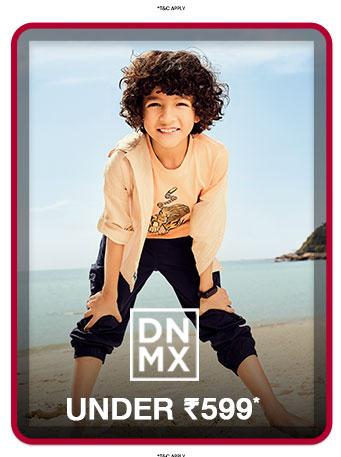 DNMX kids' apparel sale. All styles are priced under 599 rupees. Boy models casual summer outfit on the beach.