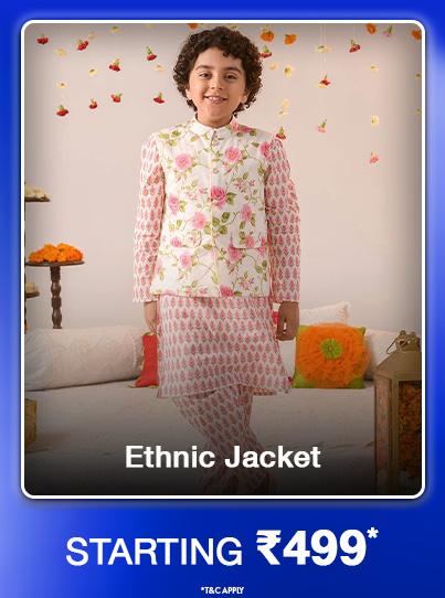 Boy wears a white floral ethnic jacket and pink kurta set. Ethnic jackets starting at 499 rupees.