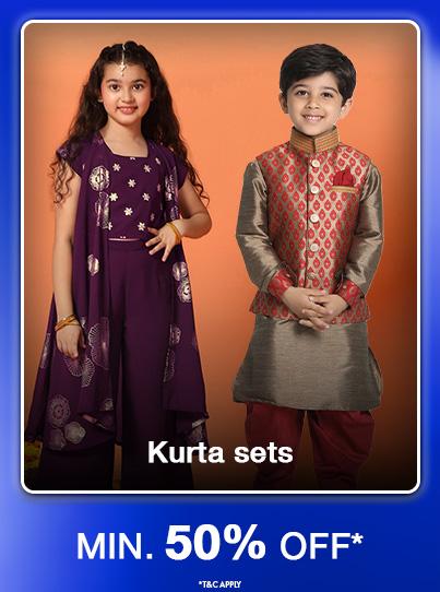 Minimum fifty percent off on festive Kurta sets for kids. Girl wears purple palazzo set, boy wears beige kurta and patterned vest.