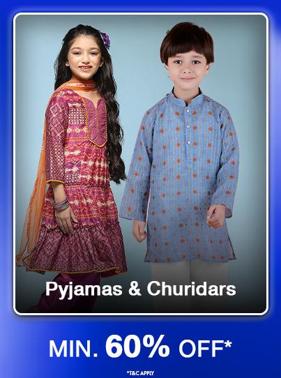 Minimum sixty percent off kids' Pyjamas and Churidars. Sale features traditional wear including pink and blue kurta sets.