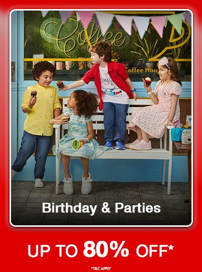 Up to eighty percent off Birthday and Parties items. Four children in festive clothing eating cupcakes.